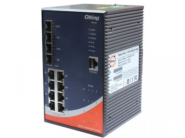 Switch zarzdzalny, 8x 10/1000 RJ-45 PoE + 4 sloty SFP / RJ-45, O/Open-Ring <30ms (ORing IGPS-9084GP-60W) 