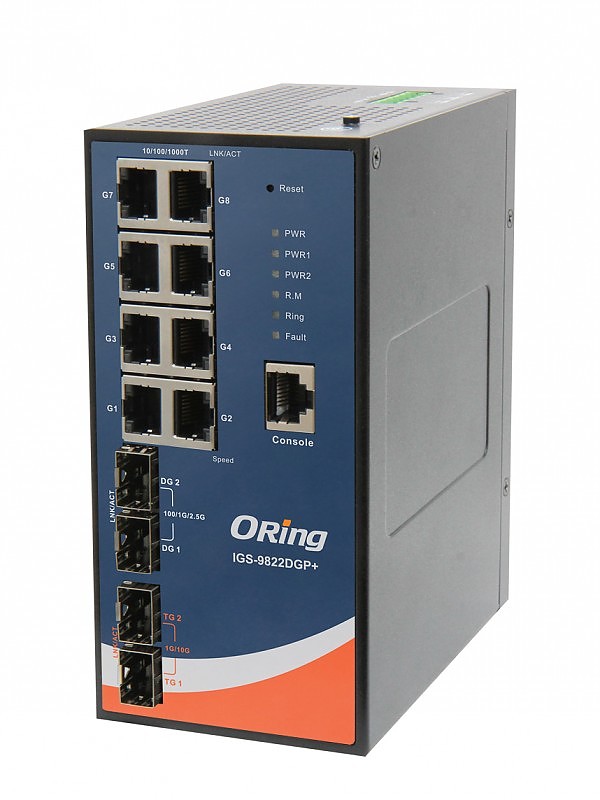 ORing IGS-9822DGP+, Switch zarzdzalny, przemysowy, 8x 10/1000 RJ-45 + 2x100/2,5G SFP + 2x1G/10G SFP, O/Open-Ring <30ms