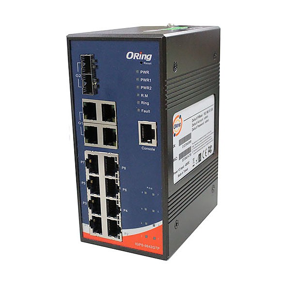 IGPS-9842GTP, Industrial Managed switch, DIN, 8x 1G RJ-45 PoE + 4x 1G RJ-45 + 2 slide-in SFP slots, O/Open-Ring <20ms