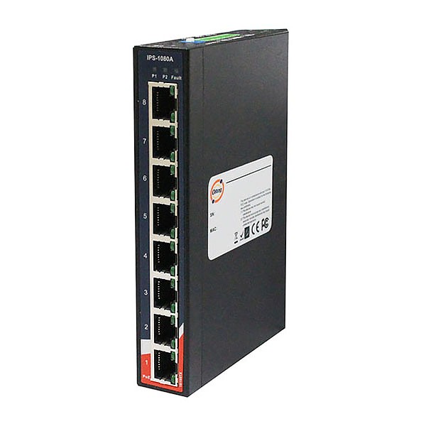 IPS-1080A-24V, Industrial 8-port unmanaged Gigabit PoE Ethernet switch, DIN, 8x 10/100 RJ-45 PoE, slim housing, 24VDC power inputs