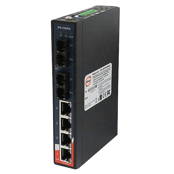 IPS-1042-FA-MM-SC, Industrial 6-port slim, unmanaged PoE Ethernet switch, DIN, 4x 10/100 RJ-45 PoE + 2x 100 MM SC