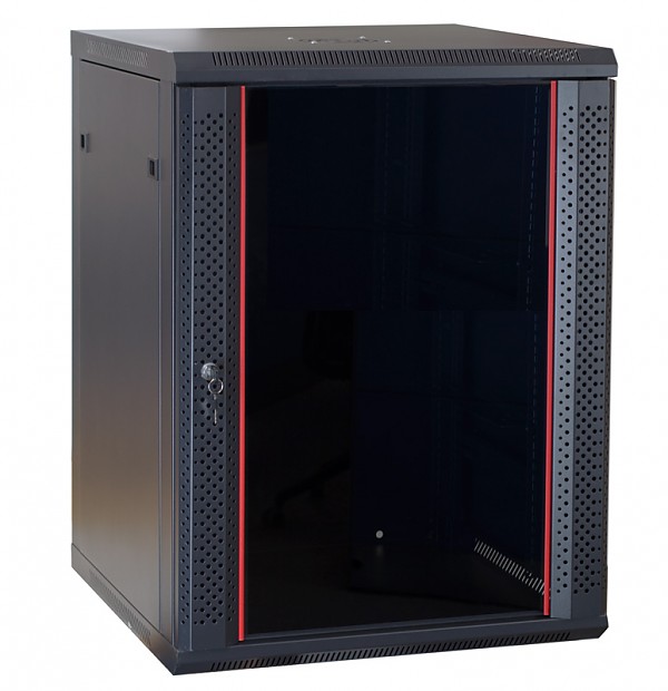 Szafa rack 15U, wisząca, 19", 600mm gł., drzwi szklane, czarna