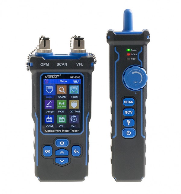NOYAFA NF-8508, Tester okablowania i miernik mocy optycznej LCD, RJ-45, RJ-11, BNC z szukaczem par, pióro świetlne VFL