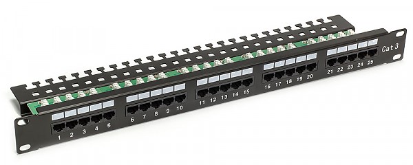 Patch panel telefoniczny, 25 porty UTP kat3, 1U 19", zcza typu Krone 8p4c