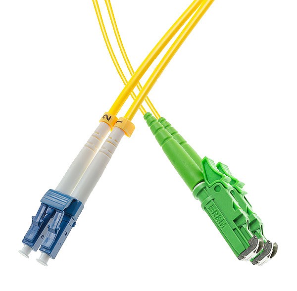 Patchcord światłowodowy jednomodowy E2000/APC-LC/UPC, 9/125, dupleks, włókno G652D, 1m