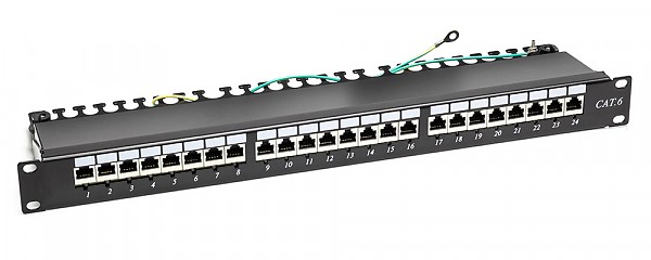 Patch panel 24-portowy, STP, kat. 6, 1U, 19", zcza typu IDC 110, z diodami LED 