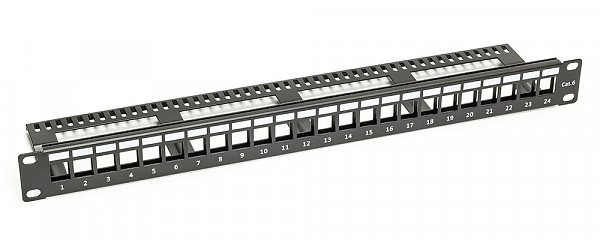 Patch panel 24-portowy, keystone, 1U, 19", bez gniazd, uchwyty na kabel 