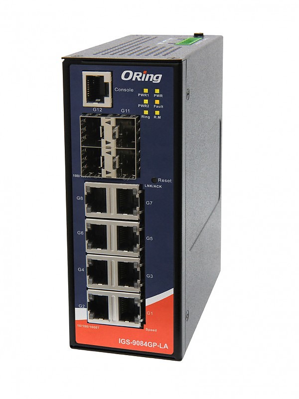 Switch zarzdzalny, 8x 10/1000 RJ-45 + 4 sloty SFP / RJ-45, O/Open-Ring <30ms, obudowa slim (ORing IGS-9084GP-LA) 