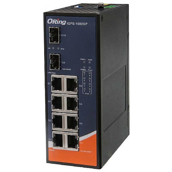 ORing IGPS-1082GP-24V, Switch przemysłowy niezarządzalny, 8x 10/1000 RJ-45 PoE + 2x 1000 SFP, obudowa slim