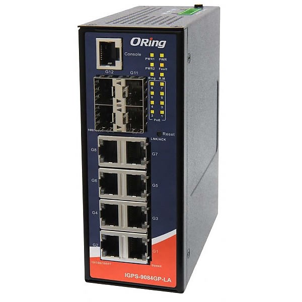 Switch zarządzalny, 8x 10/1000 RJ-45 PoE + 4 sloty SFP / RJ-45, O/Open-Ring <30ms, obudowa slim (ORing IGPS-9084GP-LA) 