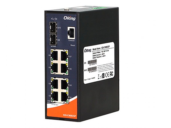 Switch zarzdzalny, 8x 10/1000 RJ-45 + 2x100/1G/2.5G SFP, O/Open-Ring <30ms (ORing IGS-C9082GP) 