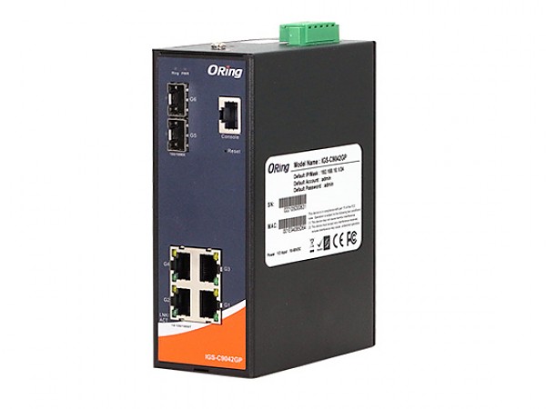 Switch zarządzalny, 4x 10/1000 RJ-45 + 2x100/1G/2.5G SFP, O/Open-Ring <30ms (ORing IGS-C9042GP) 