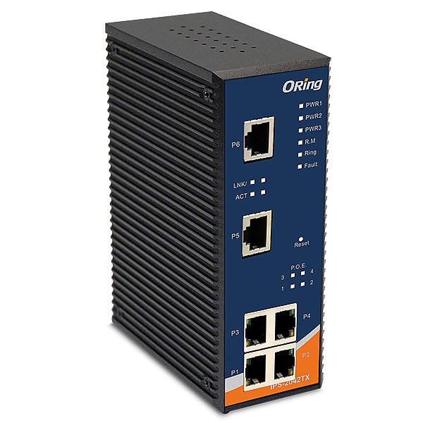 IPS-2042TX, Switch przemysłowy inteligentny, DIN, 4x 10/100 RJ-45 PoE + 2x 10/100 RJ-45, O-Ring <10ms 