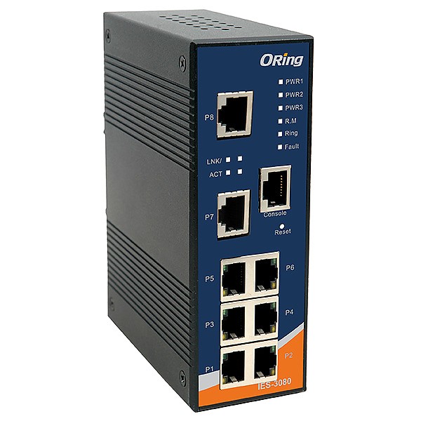 IES-3080, Switch przemysłowy zarządzalny, DIN, 8x 10/100 RJ-45, O/Open-Ring <10ms 