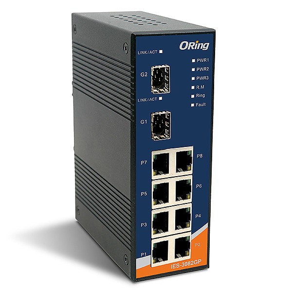 IES-3082GP, Switch przemysłowy zarządzalny, DIN, 8x 10/100 RJ-45 + 2x1000 SFP, O/Open-Ring <10ms 