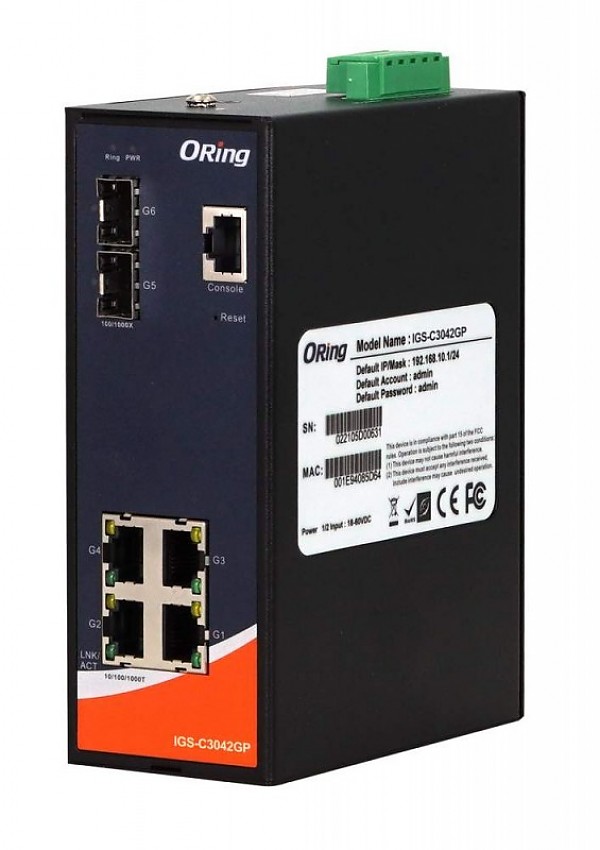 ORing IGS-C3042GP, Switch przemysłowy, zarządzalny, 4x 10/1000 RJ-45 + 2x100/1G/2.5G SFP, O/Open-Ring <30ms