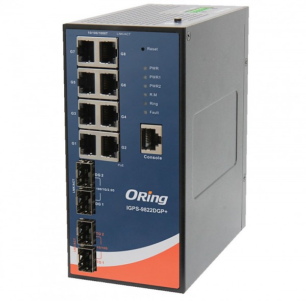 Switch zarządzalny, 8x 10/1000 RJ-45 PoE + 2x100/2,5G SFP + 2x1G/10G SFP, O/Open-Ring <30ms (ORing IGPS-9822DGP+) 