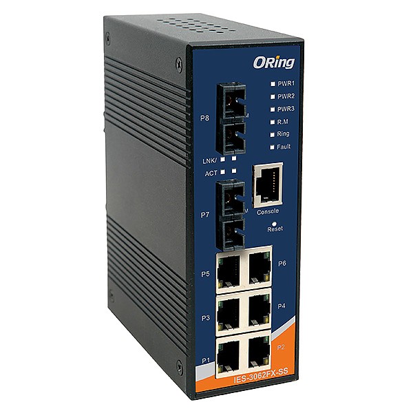 IES-3062FX-SS-SC, Switch przemysłowy zarządzalny, DIN, 6x 10/100 RJ-45 + 2x100 SM SC, O/Open-Ring <10ms 