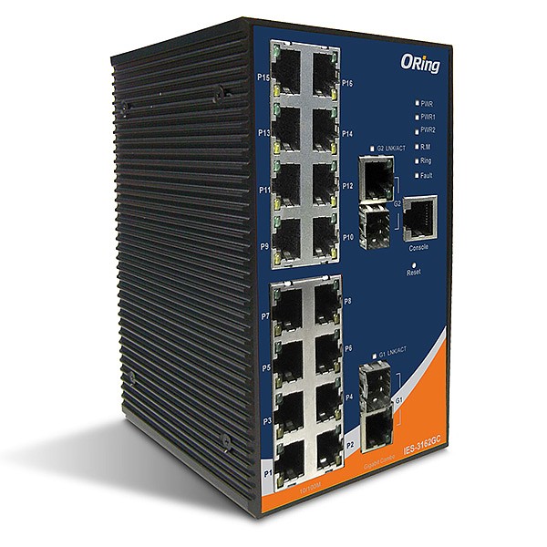 IES-3162GC, Switch przemysłowy zarządzalny, DIN, 16x 10/100 RJ-45 + 2 sloty SFP / RJ-45, O/Open-Ring <10ms 