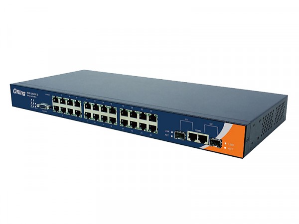 Switch zarzdzalny, 24x 10/100 RJ-45 + 2 sloty SFP, O/Open-Ring <10ms (ORing RES-3242GC-EU) 