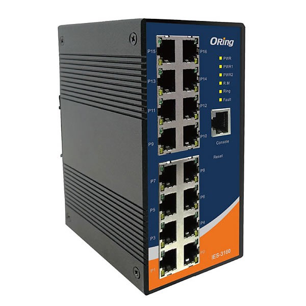 IES-3160, Switch przemysłowy zarządzalny, DIN, 16x 10/100 RJ-45, O/Open-Ring <10ms