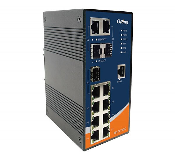 IES-3073GC, Switch przemysłowy zarządzalny, DIN, 7x10/100 RJ-45 + 3 sloty SFP / RJ-45, O/Open-Ring <10ms 