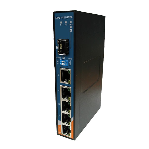 IGPS-1411GTPA, Switch przemysowy niezarzdzalny, DIN, 4x 10/1000 RJ-45 PoE + 1x 10/1000 RJ-45 + 1x 100/1000Base-X SFP, obudowa slim 