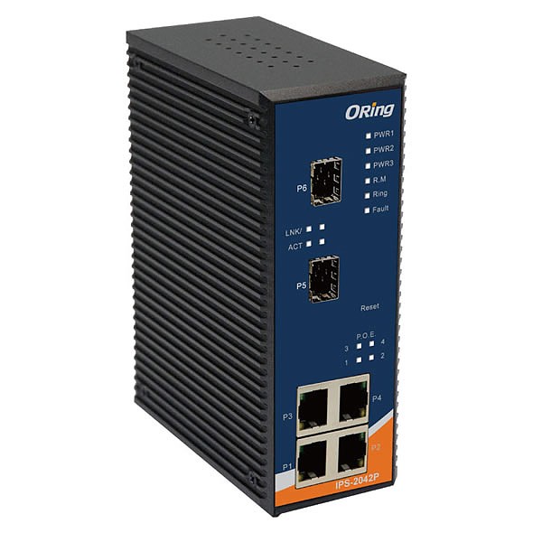 IPS-2042P, Switch przemysłowy inteligentny, DIN, 4x 10/100 RJ-45 PoE + 2x 100 SFP, O-Ring <10ms 