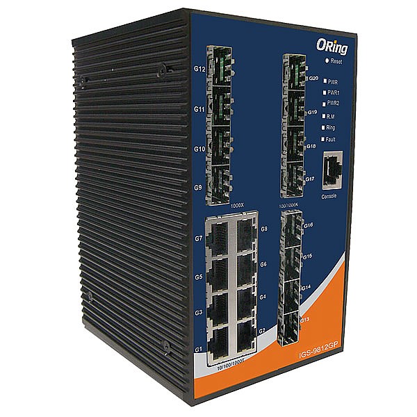 IGS-9812GP, Switch przemysłowy zarządzalny, DIN, 8x 10/1000 RJ-45 + 12x100/1000 SFP z DDM, O/Open-Ring <30ms 