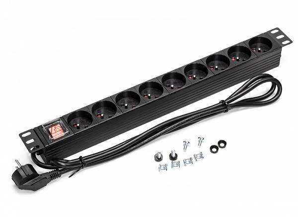 Listwa zasilająca rack 19", 9 gniazd, z wyłącznikiem