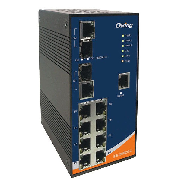 Switch zarządzalny, 8x 10/100 RJ-45 + 2 sloty SFP / RJ-45, O/Open-Ring <10ms (ORing IES-3082GC) 