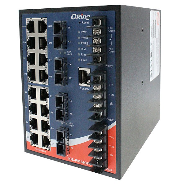 Switch zarządzalny, 16x 10/1000 RJ-45 + 4x100/1000 SFP z DDM, O/Open-Ring <20ms (ORing IGS-P9164GC-HV) 