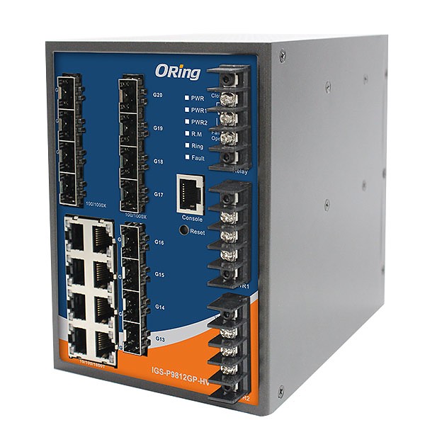 Switch zarzdzalny, 8x 10/1000 RJ-45 + 12x100/1000 SFP z DDM, O/Open-Ring <20ms (ORing IGS-P9812GP-HV) 