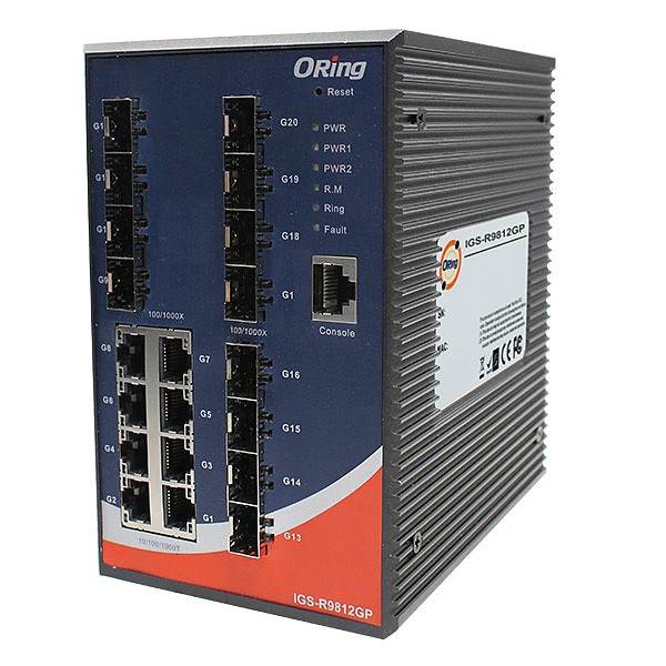 IGS-R9812GP, Switch przemysłowy zarządzalny, DIN, L3, 8x 10/1000 RJ-45 + 12x100/1000 SFP z DDM, O/Open-Ring <30ms