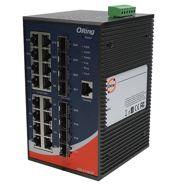 IGS-9168GP, Switch przemysłowy zarządzalny, DIN, 16x 10/1000 RJ-45 + 8x100/1000 SFP z DDM, O/Open-Ring <30ms