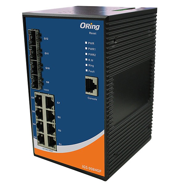 Switch zarządzalny, 8x 10/1000 RJ-45 + 4x100/1000 SFP z DDM, O/Open-Ring <30ms (ORing IGS-9084GP) 