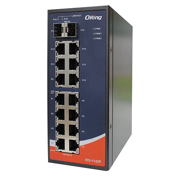 IES-1142P, Switch przemysowy niezarzdzalny, DIN, 14x 10/100 RJ-45 + 2x 100 SFP