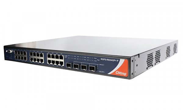 Switch zarządzalny, 24x 10/1000 RJ-45 + 4 sloty SFP+ 1G/10G, O/Open-Ring <30ms (ORing RGS-R9244GP+) 