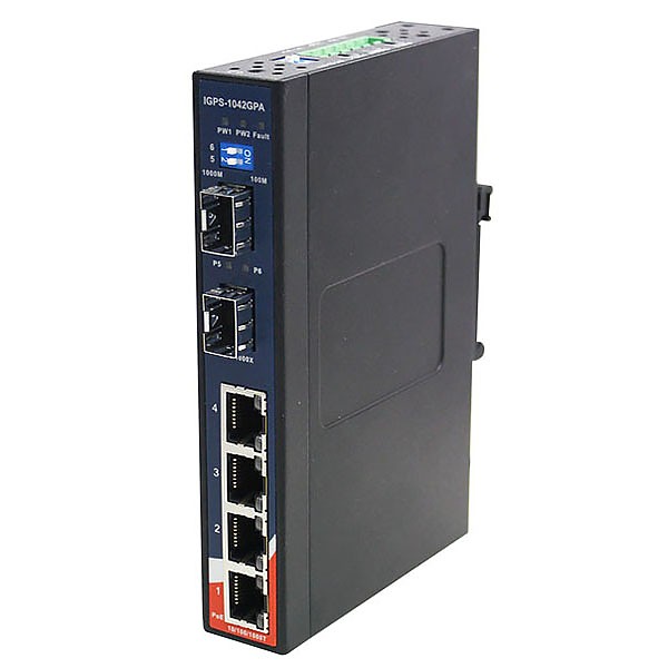 Switch niezarzdzalny, 4x 10/1000 RJ-45 PoE + 2x 1000 SFP , obudowa slim (ORing IGPS-1042GPA) 