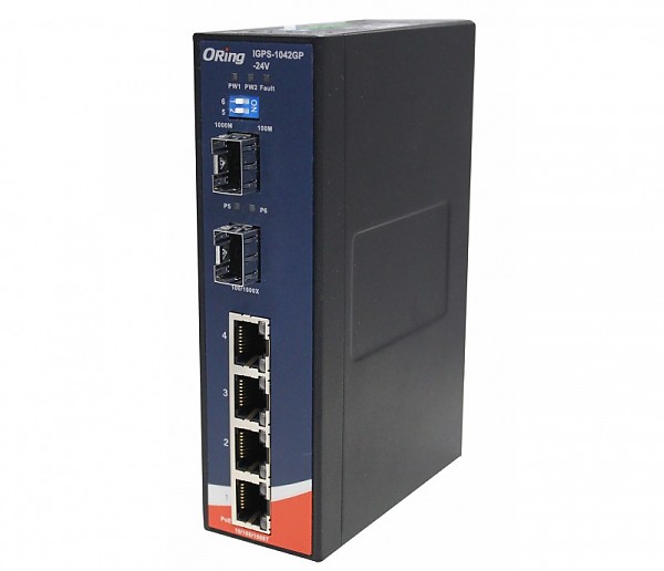 IGPS-1042GP-24V, Switch przemysłowy niezarządzalny, DIN, 4x 10/1000 RJ-45 PoE + 2x 1000 SFP