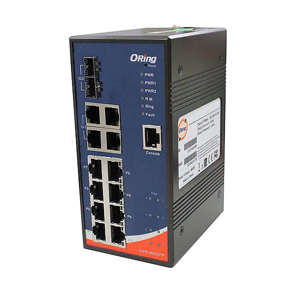 IGPS-9842GTP-24V, Switch przemysowy zarzdzalny, DIN, 8x 10/1000 RJ-45 PoE + 4x 10/1000 RJ-45 + 2 sloty SFP / RJ-45, O/Open-Ring <30ms 