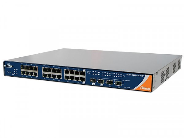 Switch zarządzalny, 22x 10/1000 RJ-45 PoE + 2 sloty COMBO SFP / RJ-45 PoE + 2 sloty SFP, O/Open-Ring <30ms, 19" (ORing RGPS-92222GCP-NP-LP) 