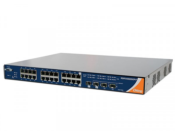 RGPS-92222GCP-NP-P, Switch przemysłowy zarządzalny, 22x 10/1000 RJ-45 PoE + 2 sloty COMBO SFP / RJ-45 PoE + 2 sloty SFP, O/Open-Ring <30ms, 19" 