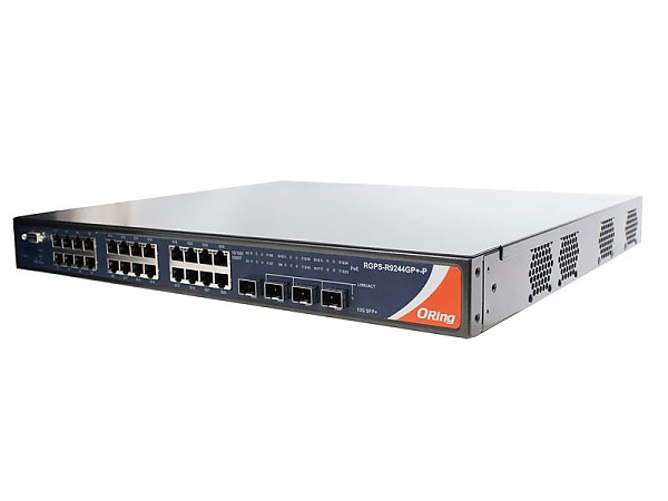 RGPS-R9244GP+-P, Switch przemysłowy zarządzalny, 24x 10/1000 RJ-45 PoE + 4 sloty SFP+ 1G/10G, O/Open-Ring <30ms, L3 