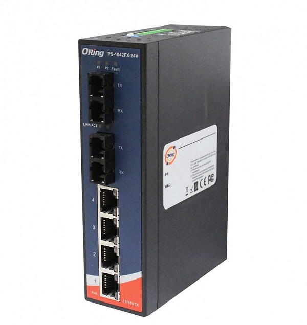 Switch niezarzdzalny, 4x 10/100 RJ-45 PoE + 2x 100 MM SC (ORing IPS-1042-FX-MM-SC-24V) 