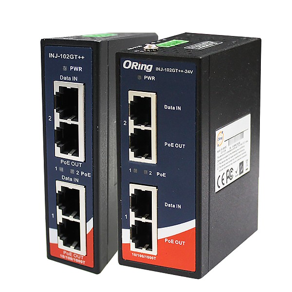 INJ-102GT++, Injector przemysowy Gigabit, 2x10/1000 RJ-45 PoE + 2x10/1000 RJ-45