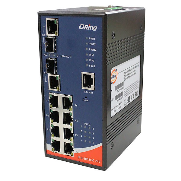 IPS-3082GC-24V, Switch przemysłowy zarządzalny, DIN, 8x 10/100 RJ-45 PoE+ + 2 sloty SFP z DDM / RJ-45, O/Open-Ring <10ms