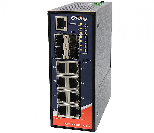 Switch zarządzalny, 8x 10/1000 RJ-45 PoE + 4 sloty SFP / RJ-45, O/Open-Ring <30ms (ORing IGPS-9084GP-LA-24V) 