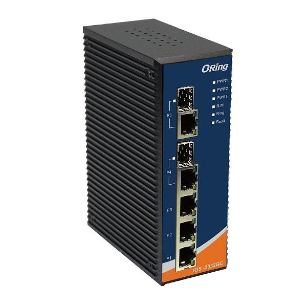 Switch zarządzalny, 3x 10/1000 RJ-45 + 2x1000 SFP z DDM, O/Open-Ring <20ms (ORing IGS-3032GC) 