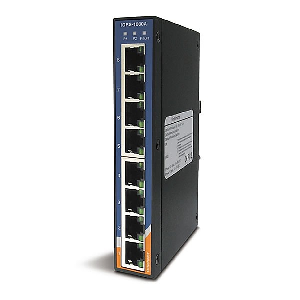 IGPS-1080A, Switch przemysłowy niezarządzalny, DIN, 8x 10/1000 RJ-45 PoE, obudowa slim 